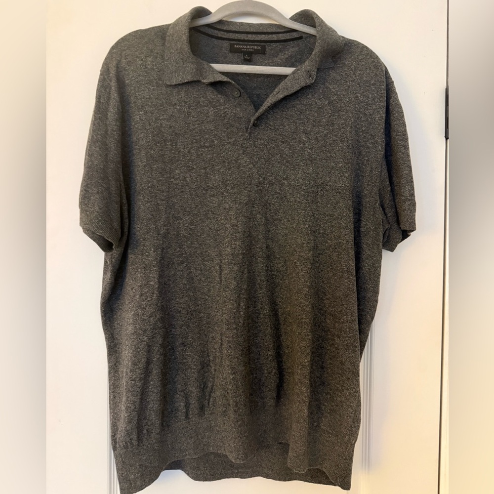 Banana Republic Silk Linen Short Sleeve Polo Shirt Charcoal